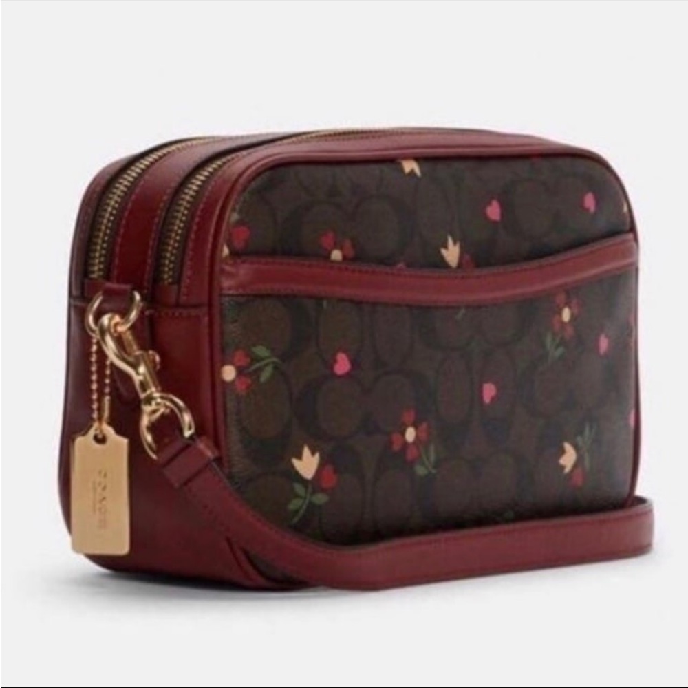 Coach Jes Red Leather Crossbody In Signature Canvas With Heart Petal Print - Picture 2 of 11